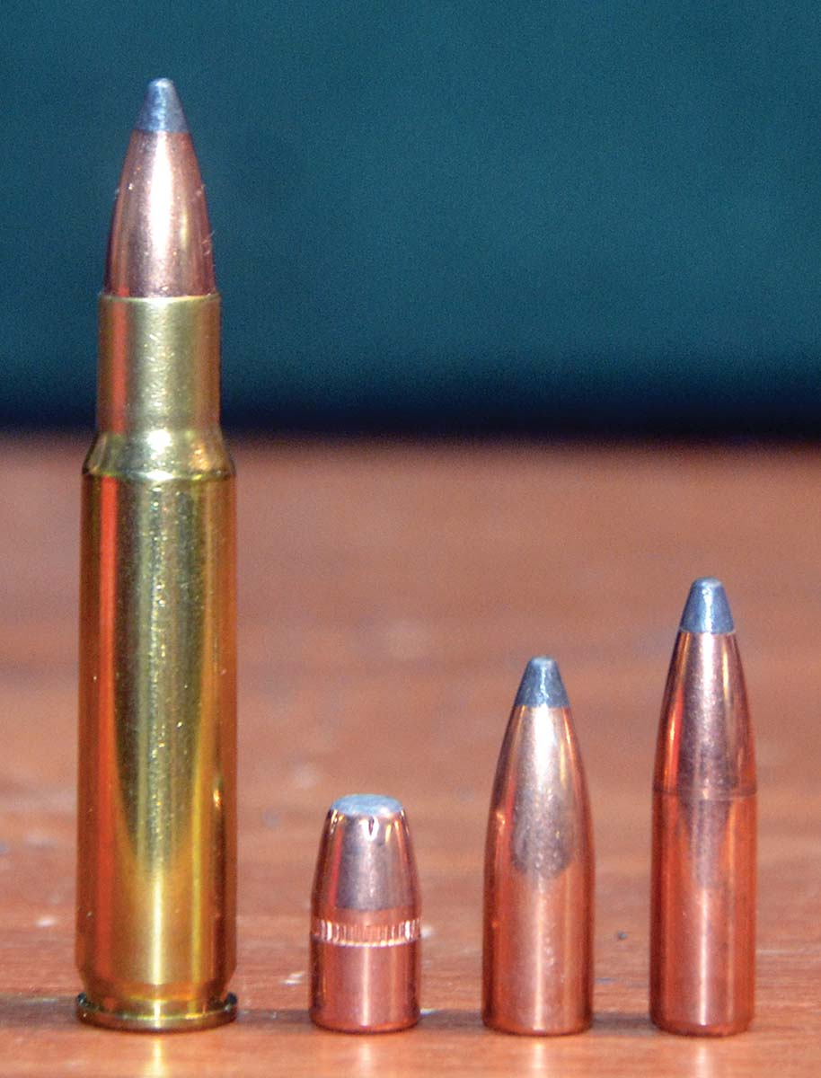 Shown is a range of bullets for the 25-222 Copperhead cartridge (left to right): 60 Hornady, 87 Sierra and 100 Nosler.